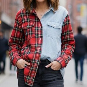 Missguided Red and Blue Plaid Button Down Shirt